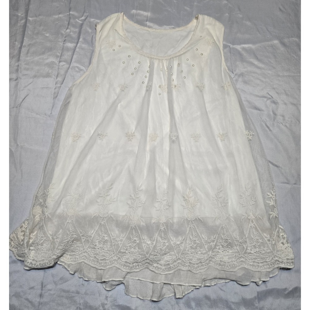 Calstyle Flowy Cream Embroidered Pearl Beaded Best Fit Large Boho Sleeveless Top